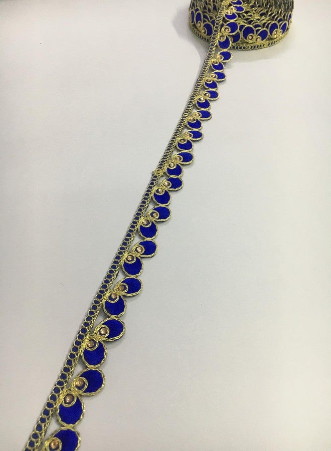 HEMDEV تطريز HEMDEV مقاس 1 بوصة Mor Pankh CutworkTrim من الدانتيل مع حجر للساري، كورتي، الفساتين، Bandhani، Lehenga، شريط زخرفي (9 متر) (أزرق ملكي) - Image 4